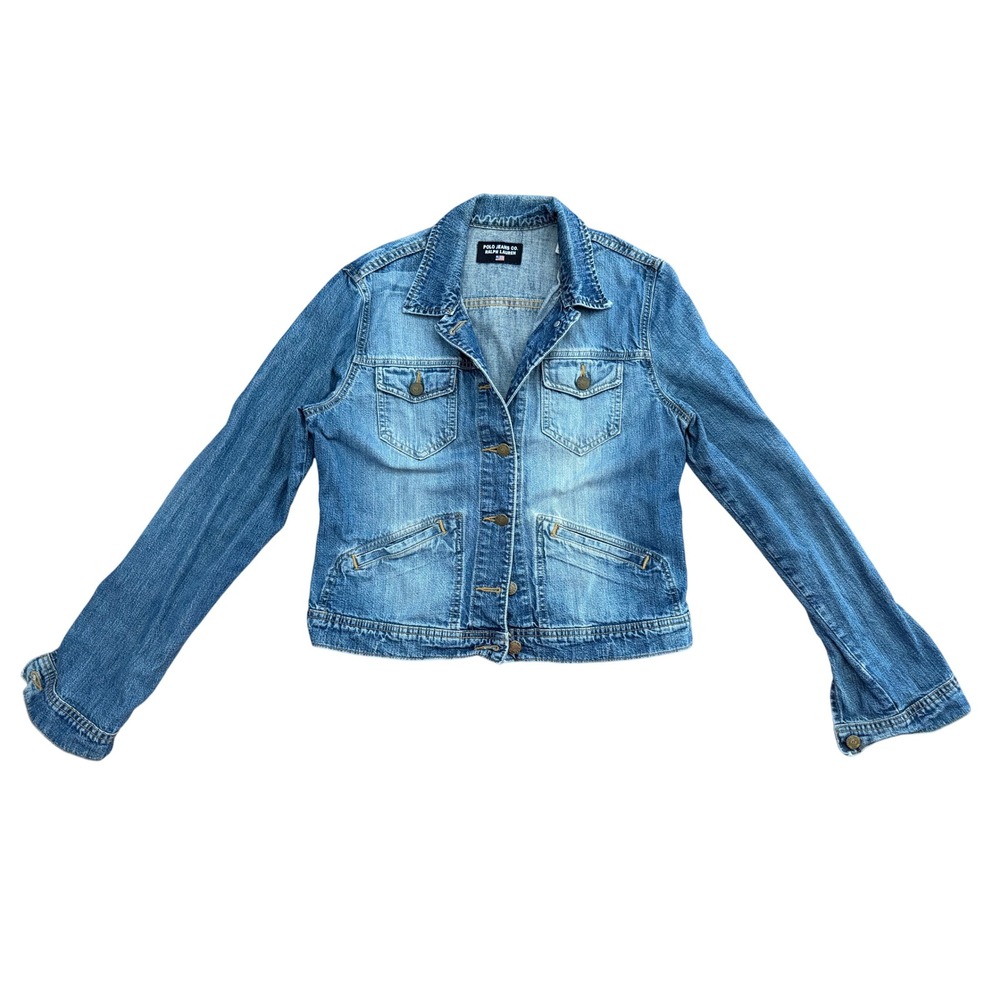 Polo Jeans Co Ralph Lauren Denim Jacket Womens L Blue Vintage y2k Trucker Flap